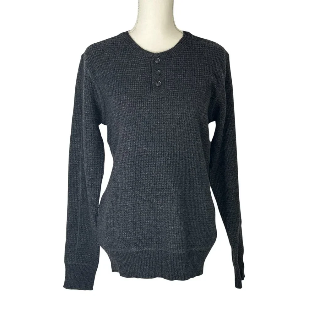 Schott Button Henley Sweater in Black Small New Mens Long Sleeve Top